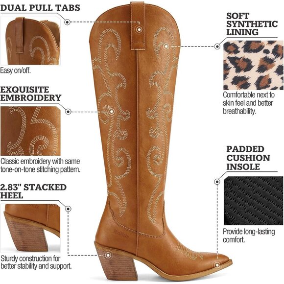 Women's Chunky Knee High Heel Western Brown Zipper Leather Embroidered Boot - Picture 2 of 7